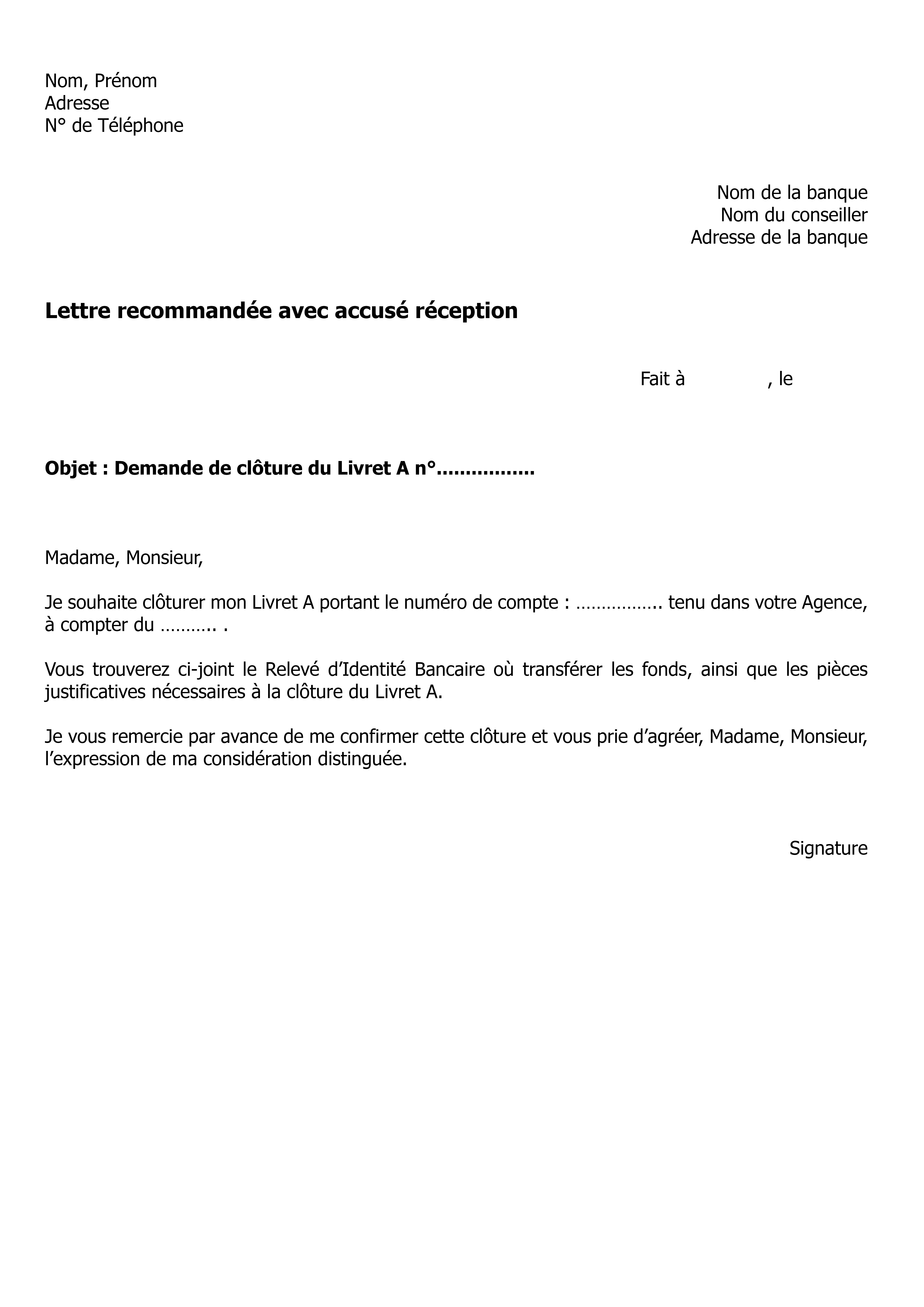 Exemple de lettre pour fermer un compte bancaire